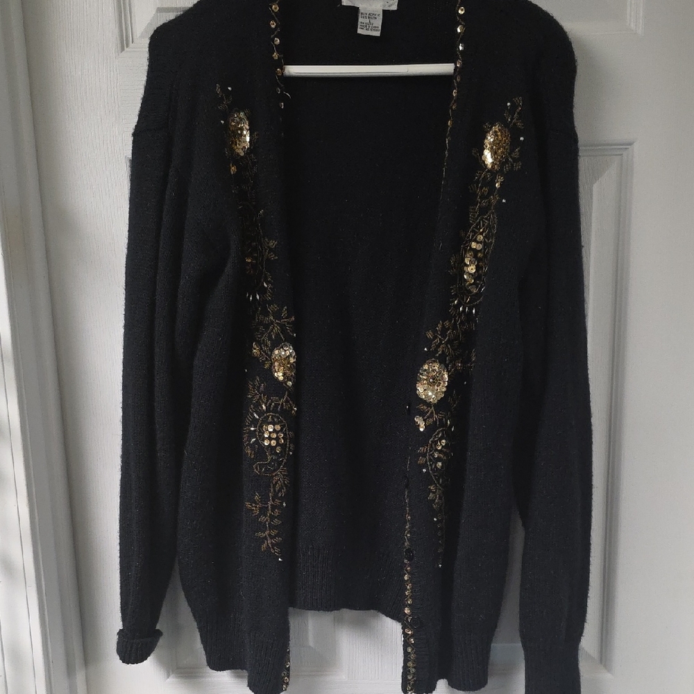 Alfred Dunner Black and Gold Cardigan Sweater with Elegant Detailing